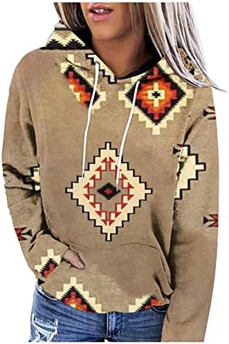 Aztek Hoodies Kadınlar için Batı Etnik Tarzı Geometrik Baskılı İpli Rahat Kış Cowgirl Kapüşonlu Sweatshirt