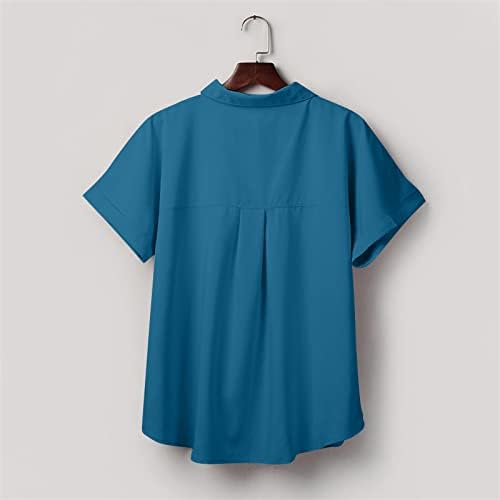 Kadın Casual Boho V Boyun Üstleri Düğme Aşağı Yaka Pamuk Tee Gömlek Yaz Kısa Kollu Düz Renk Bluz