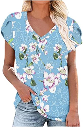 Yazlık t-Shirt Kadınlar için, kadın V Boyun Petal Kollu Üstleri Rahat Gevşek Çiçek Baskı Bluz Moda Gevşek fit Gömlek