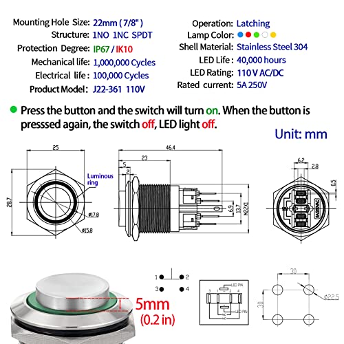 UL Sertifikalı 2 ADET 22mm basmalı düğme anahtarı Mandallama Yüksek Yuvarlak Su Geçirmez IP67 Açık Kapalı Paslanmaz