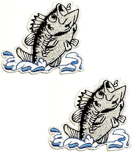 Kleenplus 2 adet. Siyah Gri Bas Balık Işlemeli Yama kumaş yapışkanı Bas Balık Spor Göl Okyanus Balıkçı Karikatür