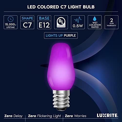 LUXRİTE C7 LED mor yedek ampuller için dize ışıkları, 0.5 W, Kırılmaz renkli şamdan ampul, Kapalı fikstür anma, UL,