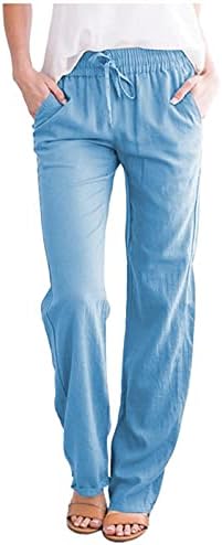 WOCACHİ Rahat Pamuk Keten Pantolon Kadınlar için Düz Renk Elastik Yüksek Bel Düz Bacak Rahat Pantolon Cepler ile
