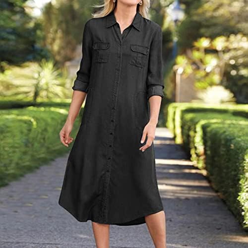 ıCODOD Elbise kadın 2023 Yaz Denim Moda Rahat V Boyun 3/4 Kollu Gevşek Fit Uzun Uzunluk Pilili Elbiseler kadınlar
