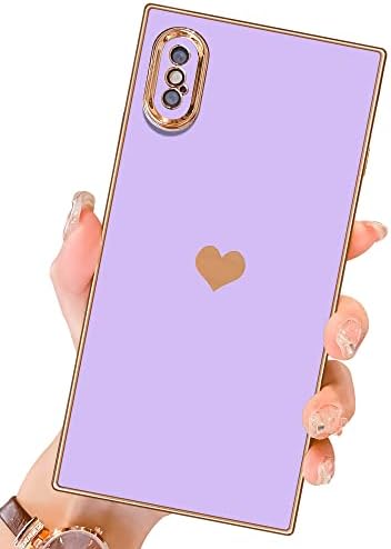 MTBacon iPhone X/XS Kare Kasa ile Uyumlu, Kadınlar Kızlar için Sevimli Aşk Kalp Kılıfı Kamera Lens Koruması Elektrolizle