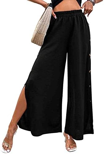 FEHLEGD Yaz rahat pantolon Kadınlar için Elastik Yüksek Bel Düz Renk Düğmesi Gevşek Rahat Sıkı Geniş Bacak Pantolon