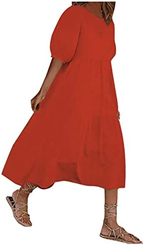 Kadın 2023 Casual Yaz Maxi Elbise Puf Kollu Düz Renk Gevşek Ekip Boyun Flowy Salıncak Boho Plaj Güneş Elbise